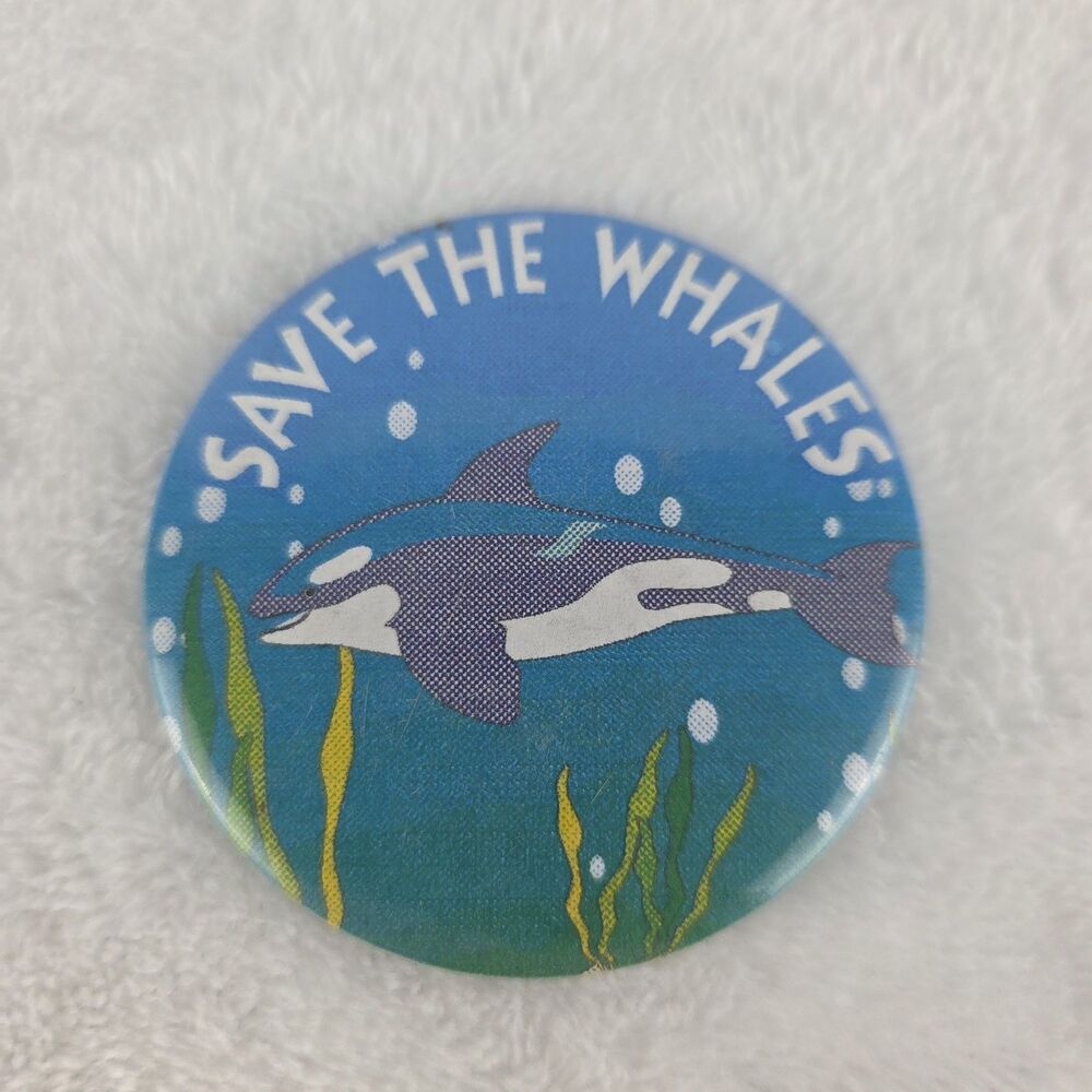 Vintage Save The Whales Orca Environmental 2.25" Pinback Button
